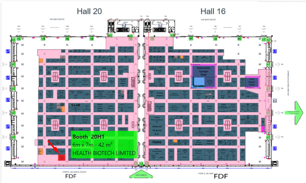 Hall 20 floor plan showing Health Biotech Limited at Stand 20H1